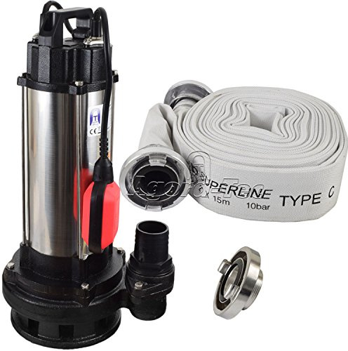 Agora-Tec® Bau-, Abwasser- und Schmutzwasserpumpe 1500W 10m Kabel | Tauchpumpe mit Schwimmerschalter | 19000l/h Fördermenge | 2,6 bar | inkl. C-STORZ Kupplung & C-Schlauch 15m |