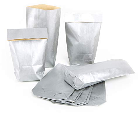Kleine Kreuzbodenbeutel, 25 Stück: Papiertüten Silber, Bodenbeutel Papier, Papiertüte Kraftpapier, Geschenktüte für Süßigkeiten & Mitgebsel, Verpackung zum Befüllen, Papierbeutel, 9 x 15 x 3,5 cm