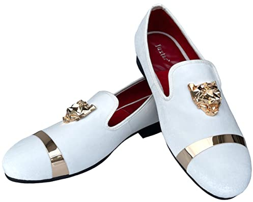 Men's White Velvet Loafers Dress Shoes with Gold Buckle Slip-on Smoking Slippers Wedding Flats (10 UK, White)