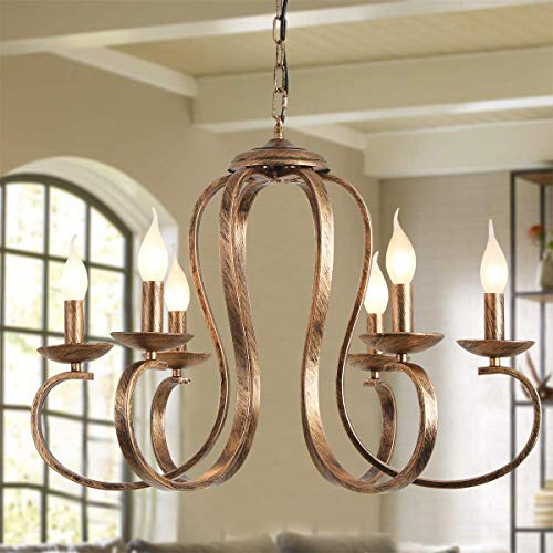 Ganeed Chandeliers Retro Iron Pendant Chandelier Candle Rustic Hanging Light Farmhouse Ceiling Pendant Light Fixture Antique Brushed Brass Kitchen Island Lighting Bronze 6 Lights