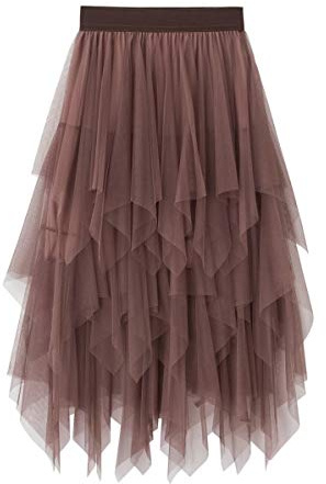 Geagodelia Tüllrock Damen Mädchen Elegant Weich Knielang/Lang Sommerrock Vintage Tütü Rüschen Tüll Rock One Size 36/38/40 F-47737 (Braun)