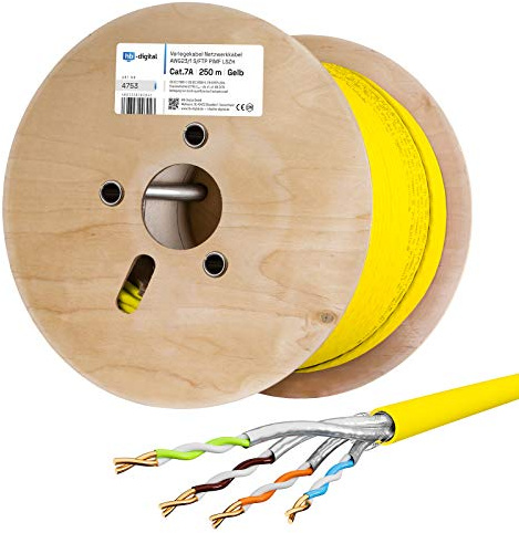 hb-digital 250m Cable de red CAT.7A Cable de instalación LAN AWG 23 Cobre puro S/FTP PiMF LSZH Ethernet libre de halógenos que cumple con RoHS Cable de datos PoE 10Gbit/s máx. 1200MHz Amarillo