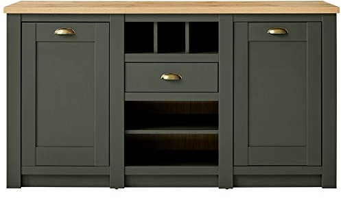 Lomadox Landhaus Anrichte Sideboard 152 cm, Kommode in grün mit Wotaneiche, 2 Türen, 1 Schubkasten, Flascheneinteilung, B/H/T: 145/83/45cm