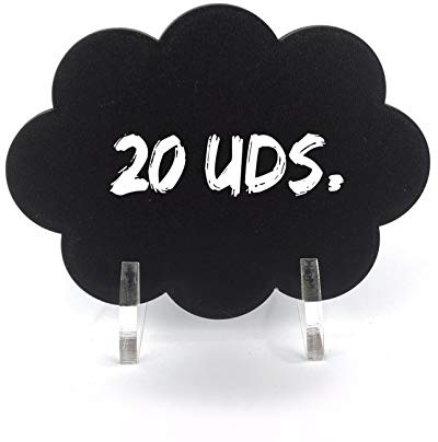 Mini pizarra Nube con soporte metacrilato 20 UDS. Cartel pizarra negra de madera para tizas y rotuladores efecto tiza. Ideal para colocar precios cartel bodas, fiestas, cumpleaños, hostelería, buffet.