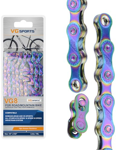 VG SPORTS 6/7/8/9/10/11 Speed Bike Chain,Half/Full Hollow Lightweight Bicycle Chain for Road Bike MTB, Rainbow, 116 Links with Missing Link