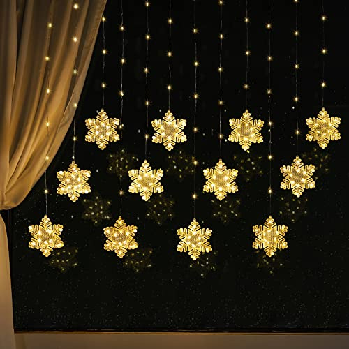 BLOOMWIN Schneeflocken Lichtervorhang Warmweiß 3m, USB Weihnachtesbeleuchtung Fenster Stimmungslichter Fensterbeleuchtung Innen Lichterkettenvorhang für Schlafzimmer Winter Weihnachten Deko