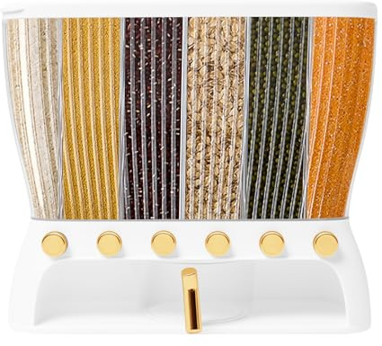Dispensador de cereales de montaje en pared, 6 rejillas, dispensador de cereales, dispensador de cereales, juego de latas, recipiente de comida seca dividido con 5 compartimentos extraíbles y embudo