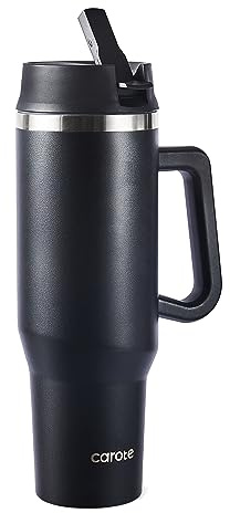 CAROTE Edelstahl Trinkflasche mit Strohhalm 1200ml, VakuumThermosflasche mit Handhaben für Zuhause, Büro,auslaufsicherem, BPA-Frei, 24 Stunden warm oder 2 Tage gekühl