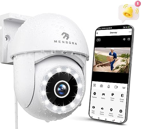 Menborn 2,5K Telecamera Wi-Fi Esterno, 4MP Telecamera Esterno, 360° Videocamera Sorveglianza Esterno, Visione Notturna a Colori, 2,4GHz con Faro, Audio Bidirezionale e Sirena, Compatiblile con Alexa.