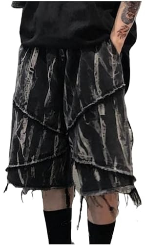 FCOOLYEET Pantalones cortos de mezclilla para hombre, estilo Y2K, holgados, con diseño de estrella, holgados, pantalones cortos de retazos, ropa de calle de moda Y2k