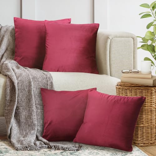 Cozyor 4er Set Kissenbezug 40x40 cm rot Samt flauschig weich Sofakissen Dekokissenbezug Kissenhülle für Couch, Schlafzimmer, Wohnzimmer & Balkon, Bordeaux Berry, mit verstecktem Reißverschluss