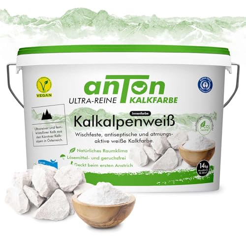 Anton | Wischfeste Kalkfarbe Kreideweiß | Innen | antimikrobiell | Vorbeugend sofort gegen Schimmel | deckt beim ersten Anstrich | Antiseptisch & Atmungsaktiv | 90m² |17Kg 25% MEHR INHALT+ROLLER