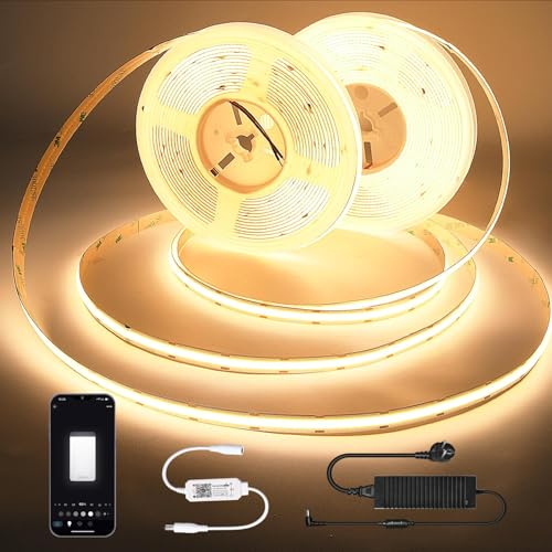 GEYUEYA Home 15M Wi-Fi LED Streifen COB - Warmweiss | 24V Mit Fernbedienung, Dimmbar, Timing Funktion, Musik-Sync, Dekoration für Küchenschränke, Feiertage