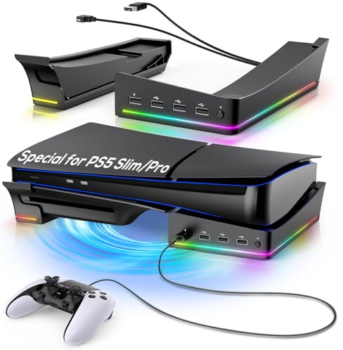 FYOUNG Horizontal Safety Stand for PS5 Pro / PS5 Slim Digital & Disc Edition with 14 RGB lights, Non-Slip Bracket Base Accessories with 4-Port USB Ports - Black