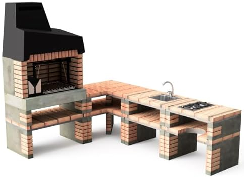 Outdoorküche aus Stein mit Keramikverkleidung Edelstahlrosten Grillrostverstellung Holzkohle Brennkorpus erweiterbar mit Anstelltischen Grill Außenküche San Antonio (SOL Orange, Küche C Feuerkasten)