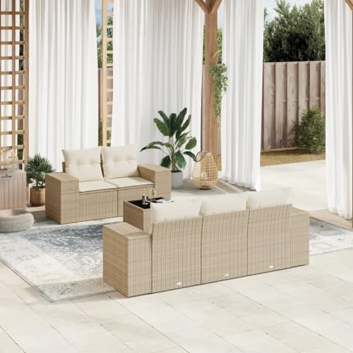 Rantry 6-TLG. Trädgårdsmöbelset med kuddar, trädgårdssoffa, balkongsoffa, trädgårdslounge, balkongmöbler, loungesoffa, sittgrupp med trädgårdsbord, hörnlounge, hörnsoffa, loungemöbler, beige, poly