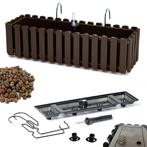DIKEL Caja para barandilla - Maceta para balcón - Maceta de plástico - Maceta para balcón - Maceta Decorativa - DDEF600W + Arcilla expandida 1l - 180x580x165mm - Marrón
