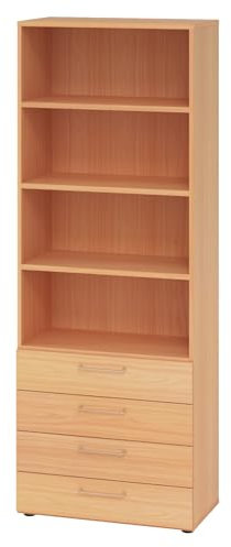 bümö smart Schubladenschrank, Büroschrank 80cm breit in Buche mit 4 Schüben & 4 Regalfächern - Bürocontainer aus Holz, Container mit Metallgriffen & Soft-Stop Schubladen