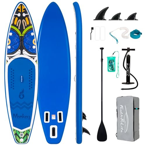 FunWater 320CM&350CM Stand Up Paddle Board Mit Vollem Zubehör Paddleboard SUP Board Mit Verstellbares Paddel, Pumpe, Reiserucksack, Leine, wasserdichte Tasche (335CM AFFE-BLAU)