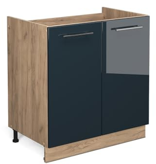 Vicco Spülenunterschrank Fame-Line, Dunkelblau Hochglanz, 80 cm | MDF-Front · Ohne Arbeitsplatte · Höhenverstellbare Füße · Metallgriffe · Soft-Close