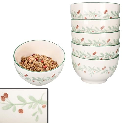 MamboCat 6er Set Holly Müsli-Schale 14,3cm I 550ml I Steingut-Schüssel mit Mistelzweig-Dekor I 6 Personen I für Salat, Kekse & Co. für Weihnachten, Advent & Nikolaus