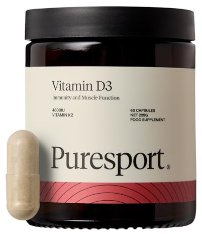 Puresport 4000IU Vitamin D3+K2 (60 Day Supply), High Strength Vegan Supplement for Immune Support, Bone & Heart Health, & Muscle Recovery, Marine Algae Sourced, Easy-Swallow Capsules