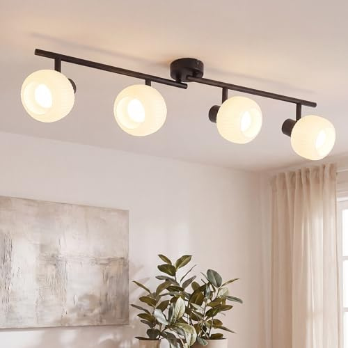 Deboola Deckenstrahler 4 Flammig Deckenleuchte Wohnzimmer - Deckenlampe | Schwarz Strahler Innen Vintage Glas Deckenspots E14 Morden 350°Schwenkbar Spots für Schlafzimmer Flur(Ohne Leuchtmittel)