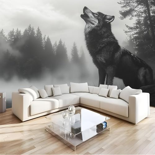 Graue Wolf-Tapete, Abziehbare Und Aufklebbare Tapete, 300 X 210 Cm, Rauchiger Wald, Wolf, Kontaktpapier, Gänseblümchen, Selbstklebende, Entfernbare Tapete Für Schlafzimmer, Dekorative Wandtapete