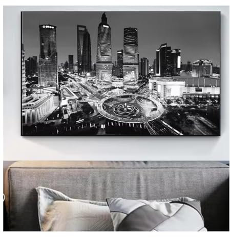 Schwarz-weißes Gebäude mit Wahrzeichen von New York City Leinwanddruck Gemälde Poster skandinavische Wandkunst Bild für Wohnzimmerdekoration 50x90cm (ungerahmt)