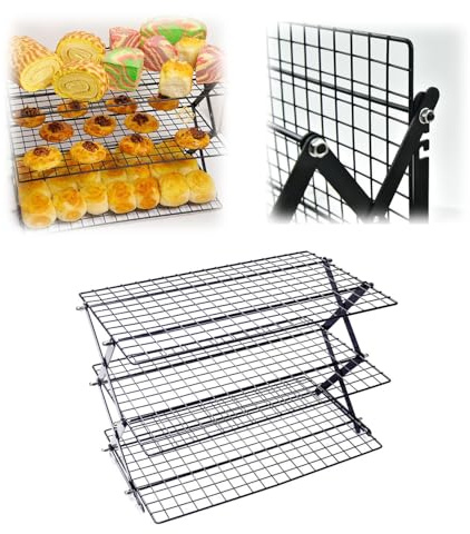 Zusammenklappbares 3-stöckiges Kühlgitter mit 3 einstellbaren Einstellungen, Gestell für Kekse, Backen, Camping, Grillpartys, Küchenzubehör für Kuchenläden, Picknickzubehör im Freien, Schwarz