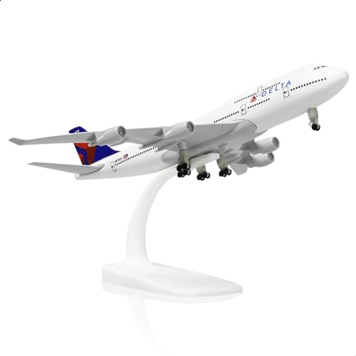 QIYUMOKE 1/300 metallflygplansmodell för Delta 747 för Boeing 747 modellflygplan med stativ (7,5 tum lång) utställningsdekoration för flygfartsintresserade.