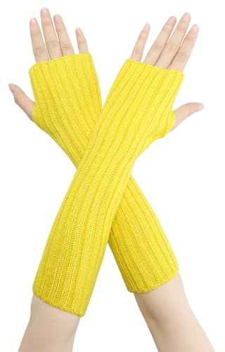 Elerevyo Solid Color Knit Elastic Arm Warmers Fingerless Gloves Elbow Long Knitted Cover for Winter Yellow One Size