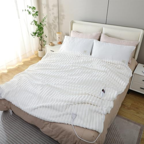 YDW Wärmedecke Heizdecke mit Abschaltautomatik - 200x180 cm Kuscheldecke Electric Blanket Wärme Beheizbare Decke Elektrische fürs Bett Überhitzungsschutz Waschbar Kuschelheizdecke - White