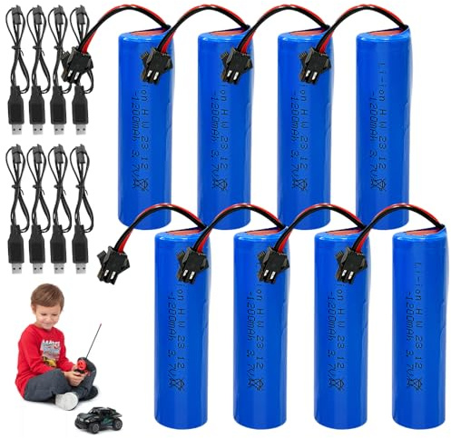 DAJASD Batería, 6 Unidades, 3,7 V, batería de Ion de Litio, 1200 mAh, Recargable con Conector SM-2P y Cargador USB, batería para Coche teledirigido, Robot