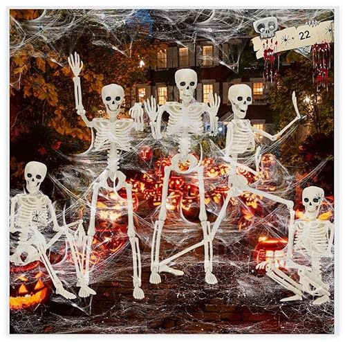 5 Pezzi Halloween Decorazioni，Scheletro Halloween 40 cm Scheletro Spaventoso Realistico con Giunti Mobili con 22 Ragni 1 Ragnatela per Decorazione Esterna Giardino Terrazza