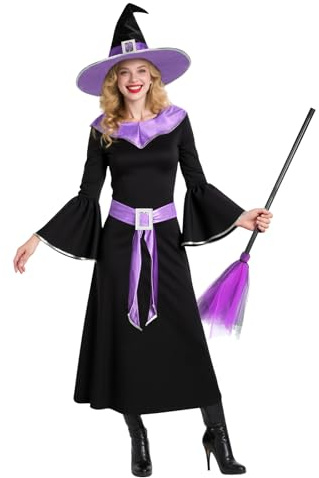 BSBUY Disfraz de Bruja Mujer Morado, Vestido de Mujer Mangas Largas y Sombrero de Bruja y Escoba y Etiqueta Engomada, Disfraz Mágica para Mujers, para Halloween Terror Cosplay Carnaval
