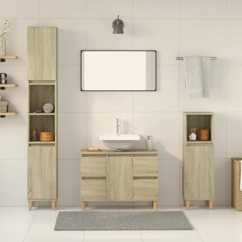 Hommdiy 3-TLG. Badmöbel-Set Badezimmerschrank Badezimmermöbel Sonoma-Eiche Holzwerkstoff
