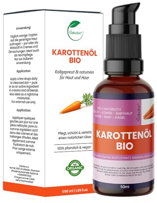 Nakobe Aceite de zanahoria orgánico 50 ml – cuidado y brillo natural, 100% natural, rico en betacaroteno y vitamina A, para cara, cuerpo y masaje