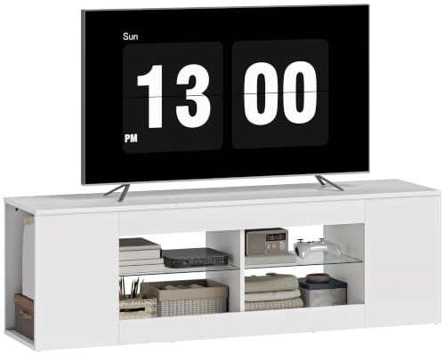 HOMCOM TV Schrank Lowboard 140 cm lang für Fernseher bis 65 Zoll Weiß | Fernsehtisch, 6 Fächer, 2 Glasregale, für Wohnzimmer