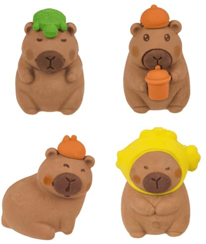 Palleon Set med 4 Capybara suddgummi för barn – söt kawaii raser ca 3,5 x 2 cm – perfekt som souvenir barnfödelsedag, skolväska, gästgåva och belöning – roligt skrivmaterial presentset