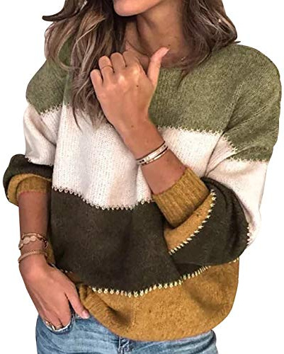 Pull Oversize Femme Grande Taille Tricoté Large Grosse Maille Pullover Chandail Manche Longue Hiver Joli Ample Chaud Épais Rayé Casual
