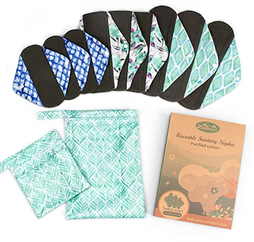 Viedouce - Toalla higiénica lavable, juego de 9 toallas higiénicas reutilizables, toalla higiénica de tela, protege slip lavable con 2 bolsas de almacenamiento impermeables
