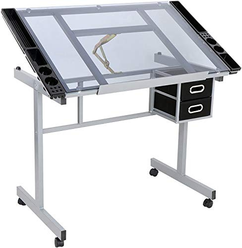 Epetlover Adjustable Drafting Table Drawing Desk Folding Tempered Glass Top Art Craft Work Station w/2 Slide Storage Drawers and Wheels