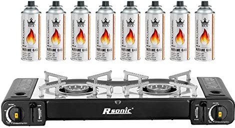 Mianova Campingkocher Doppel Gaskocher 2 flammiger Shisha Anzünder Grill Notfallkocher Kühltasche Gaskartuschen Gas Kocher Set Schwarz 8 Gasflaschen
