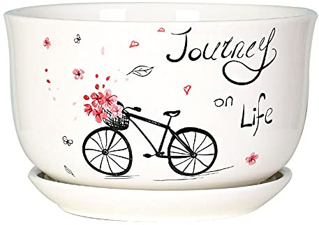 BUNCC Pots de plantes en céramique, pot de fleur blanc de grand calibre court jardinières d'intérieur rondes avec soucoupe à trou de drainage pour toutes les plantes et fleurs d'intérieur décoration d