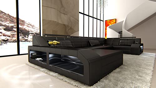Sofa Wohnlandschaft Arezzo U Form Leder - mit LED Beleuchtung, verstellbare Kopfstützen, Recamiere/Lederfarben wählbar/Ausrichtung Ottomane wählbar (Ottomane Links, Black)