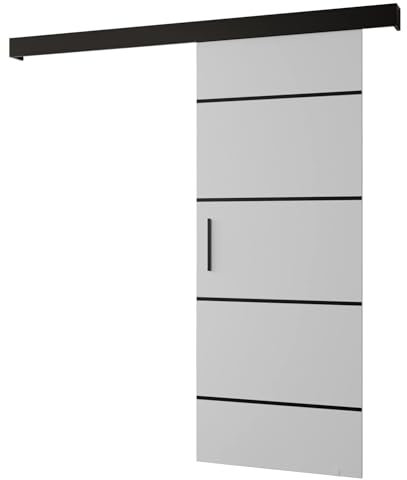 ABIKSMEBLE Système de Portes coulissantes Salwador 4, Set Complet pour Portes coulissantes, Portes intérieures, Design Moderne (Blanc Mat/Grille: Noir Mat, Poignées et Sangles: Noir)