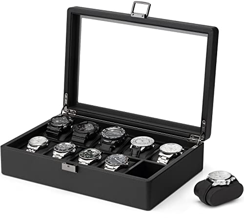 Vlando Uhrenbox mit 10 Fächern, Uhrenkasten mit Glasdeckel, Uhrenaufbewahrung Herren, Uhrenvitrine mit Uhrenkissen