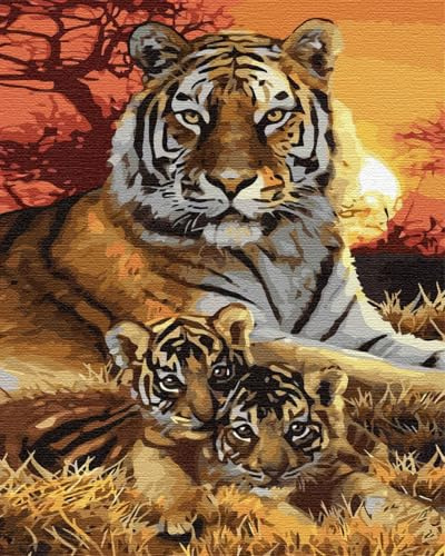 Artnapi Malen nach Zahlen Erwachsene mit Rahmen | DIY Handgemalt | Tiere - Familie Tiger | Kit für Anfänger und Erwachsene | Set inklusive Acrylfarben & Pinsel | 40x50cm Leinwand | Ideal als Geschenk