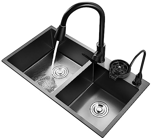 Fregadero de cocina de acero inoxidable negro, fregadero doble con escurridor y grifo de purificación de agua (color: B, tamaño: 72 x 40 cm)